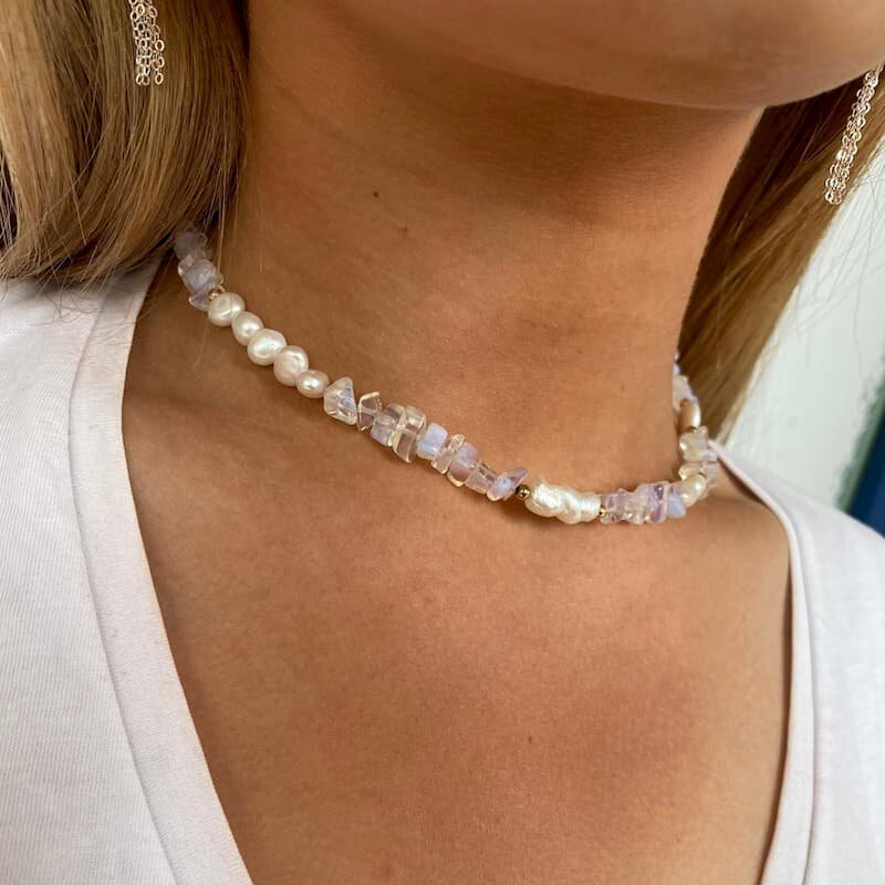 שרשרת שני - שרשרת אבני חן קוורץ ופנינים